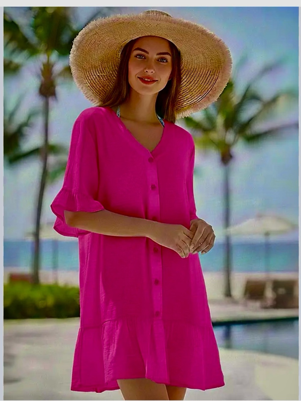 Cupshe Hot Pink Button-Front Swim Coverup Dress